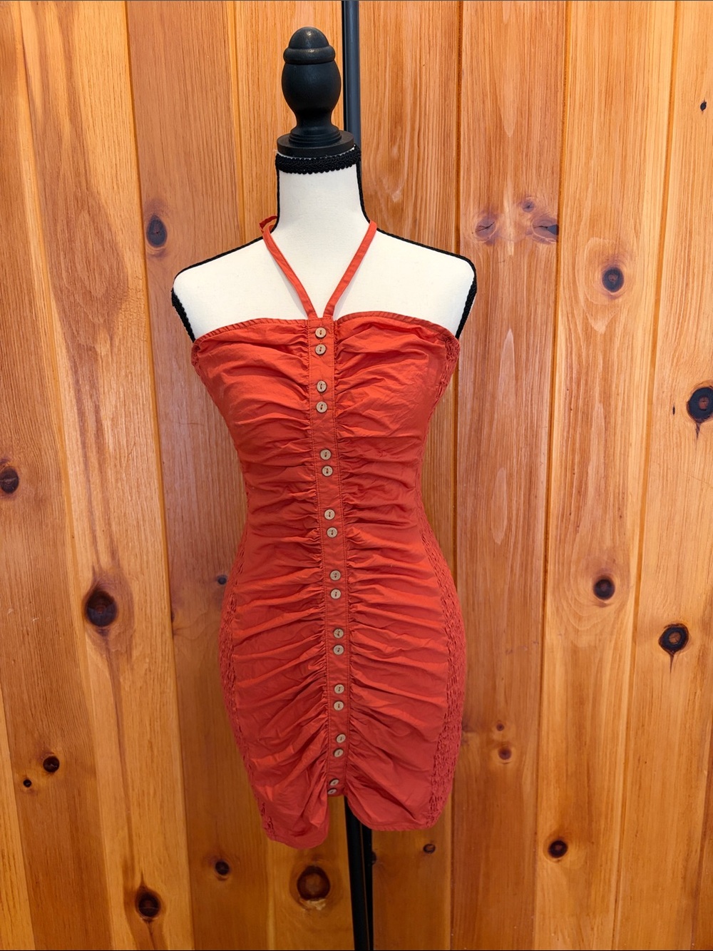 Free People Orange Ruched Halter Mini Dress Size Medium Button Front Smocked